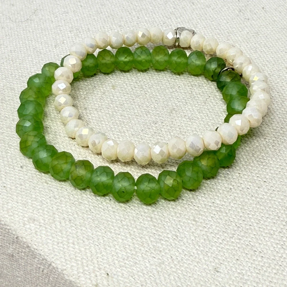 Lizas Beaded Bracelet Set‎ Green White Faceted Crystal Stretch Layering Stacking